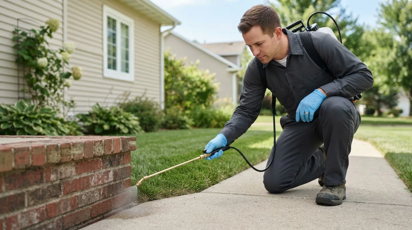 Pest control technician treating a home near Glenwood Landing, NY